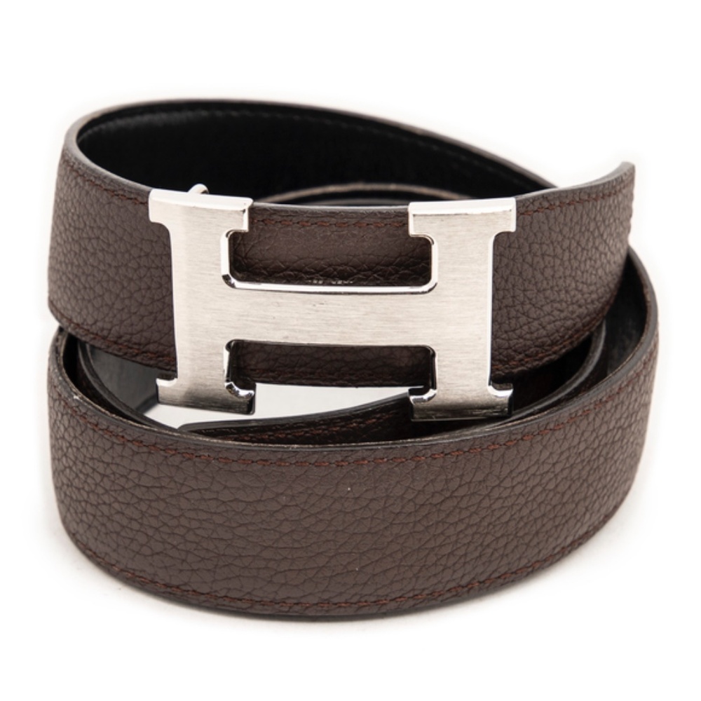 AUTHENTIC Hermès 32mm H Leather Belt - Silver Buckle